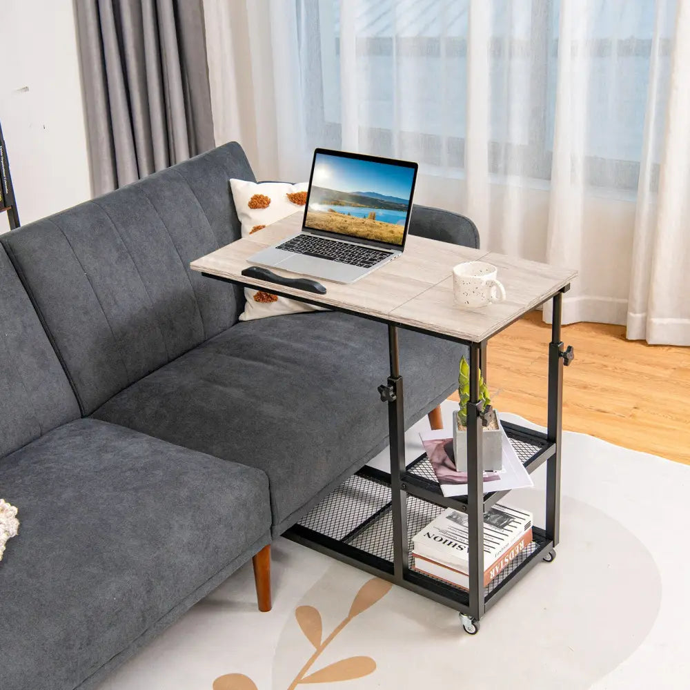 Adjustable C-Shaped Bedside Table with Wheels-Natural - Natural - End & Side Tables