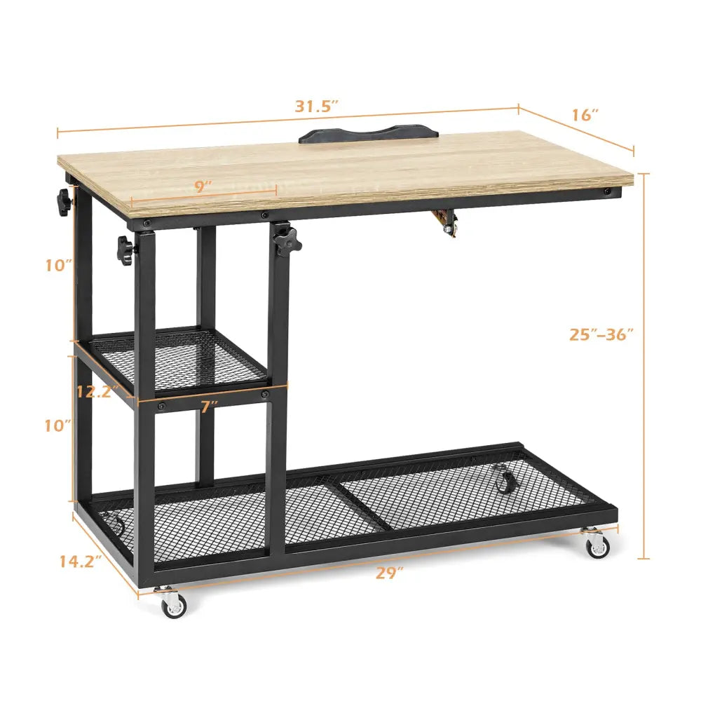 Adjustable C-Shaped Bedside Table with Wheels-Natural - Natural - End & Side Tables