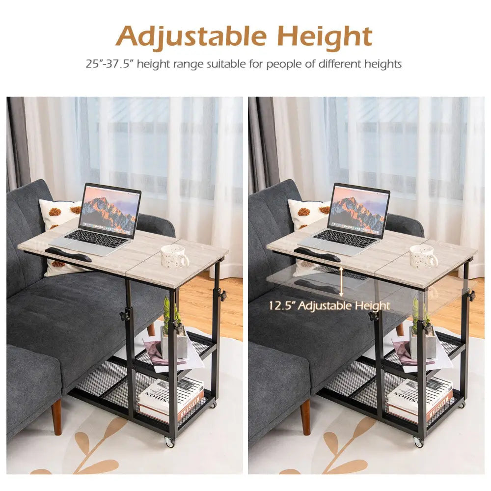 Adjustable C-Shaped Bedside Table with Wheels-Natural - Natural - End & Side Tables
