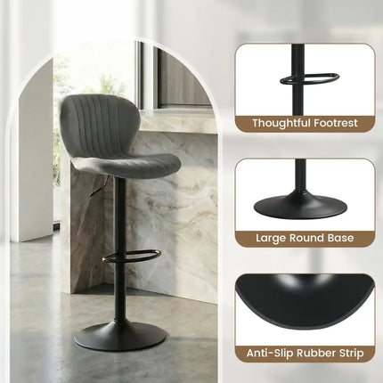 Adjustable Counter Height Chairs Set of 2 with Velvet Upholstered Backrests-Gray - Gray - Bar Stools