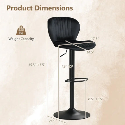 Adjustable Counter Height Chairs Set of 2 with Velvet Upholstered Backrests-Black - Black - Bar Stools