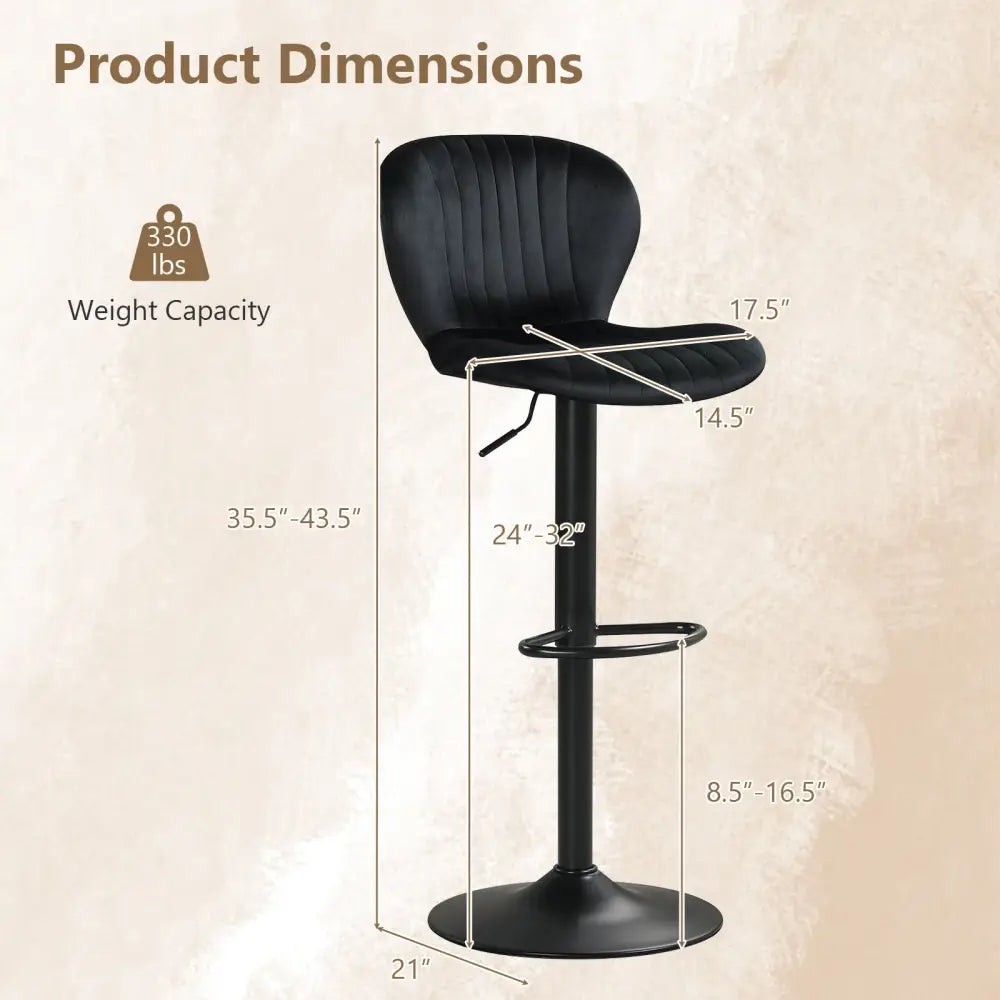 Adjustable Counter Height Chairs Set of 2 with Velvet Upholstered Backrests-Black - Black - Bar Stools