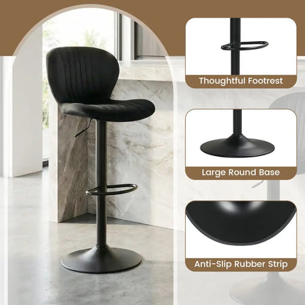 Adjustable Counter Height Chairs Set of 2 with Velvet Upholstered Backrests-Black - Black - Bar Stools