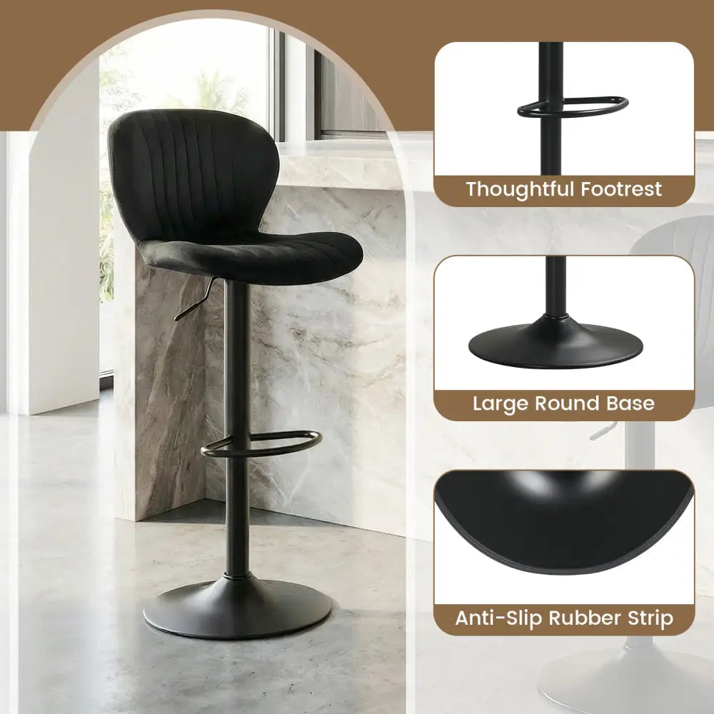 Adjustable Counter Height Chairs Set of 2 with Velvet Upholstered Backrests-Black - Black - Bar Stools
