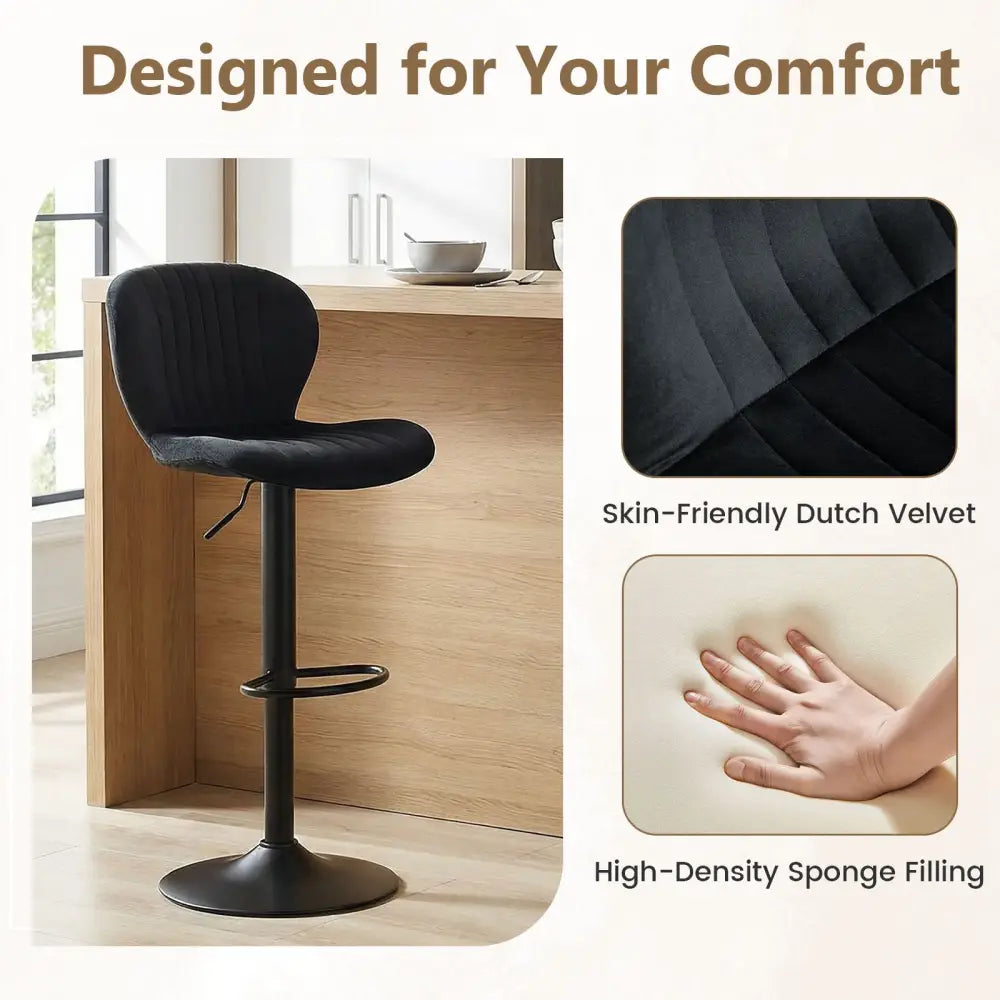 Adjustable Counter Height Chairs Set of 2 with Velvet Upholstered Backrests-Black - Black - Bar Stools