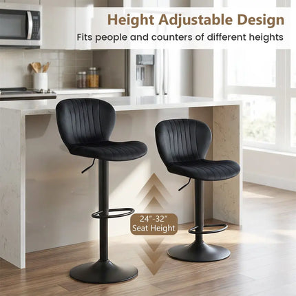 Adjustable Counter Height Chairs Set of 2 with Velvet Upholstered Backrests-Black - Black - Bar Stools