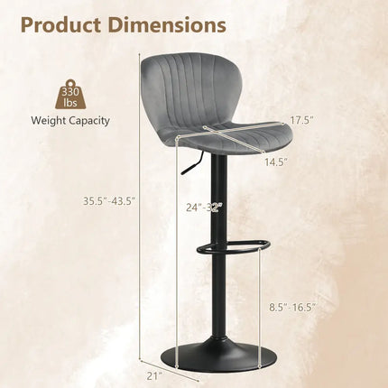 Adjustable Counter Height Chairs Set of 2 with Velvet Upholstered Backrests-Gray - Gray - Bar Stools
