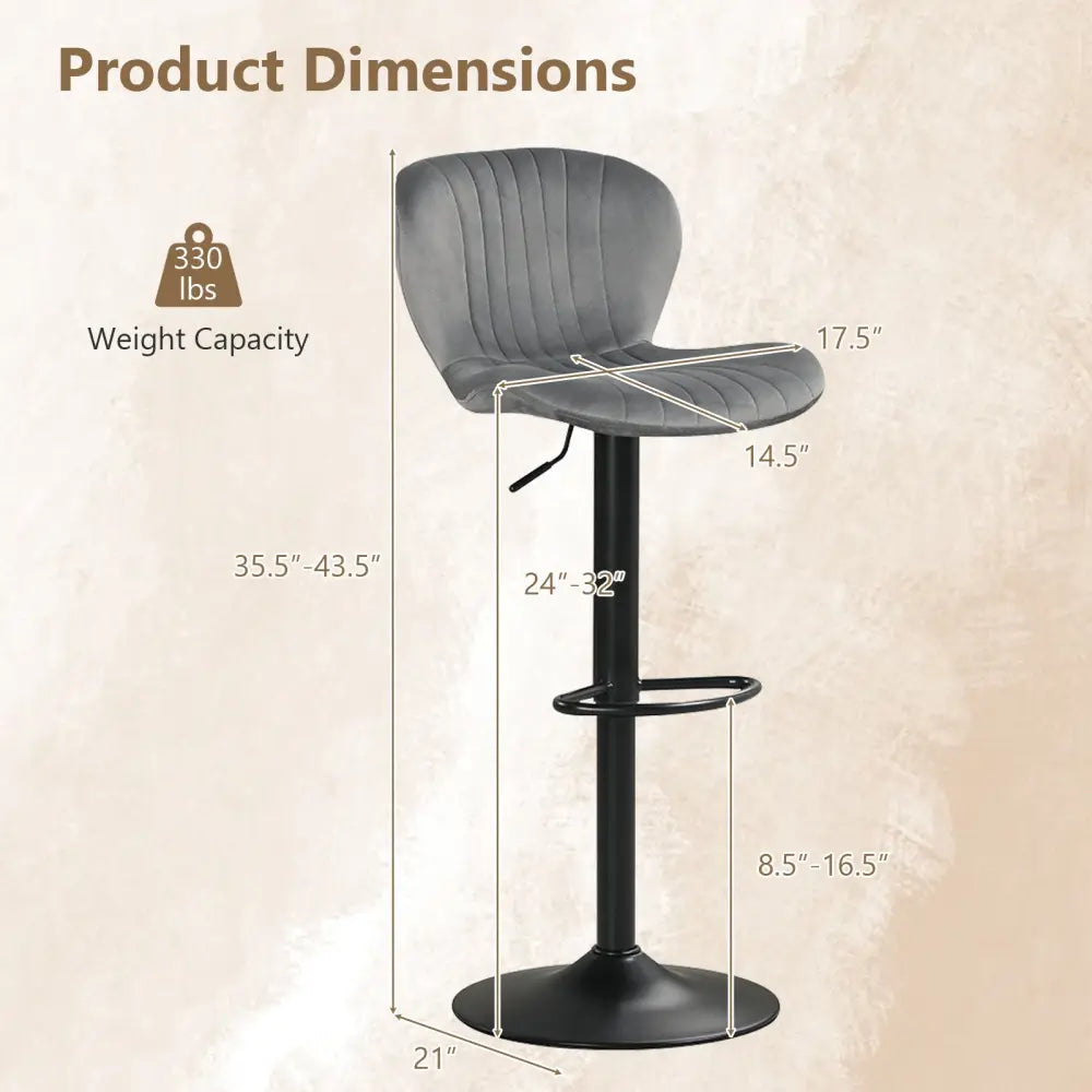 Adjustable Counter Height Chairs Set of 2 with Velvet Upholstered Backrests-Gray - Gray - Bar Stools