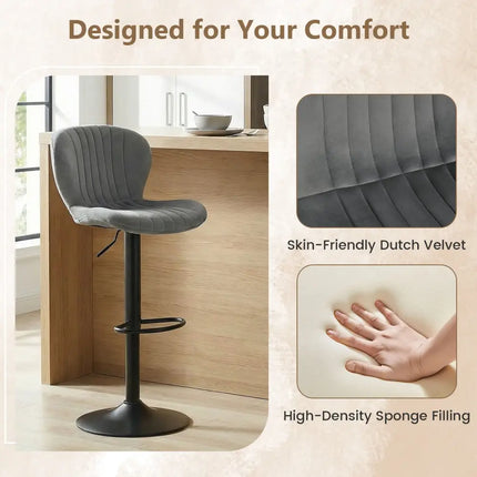 Adjustable Counter Height Chairs Set of 2 with Velvet Upholstered Backrests-Gray - Gray - Bar Stools