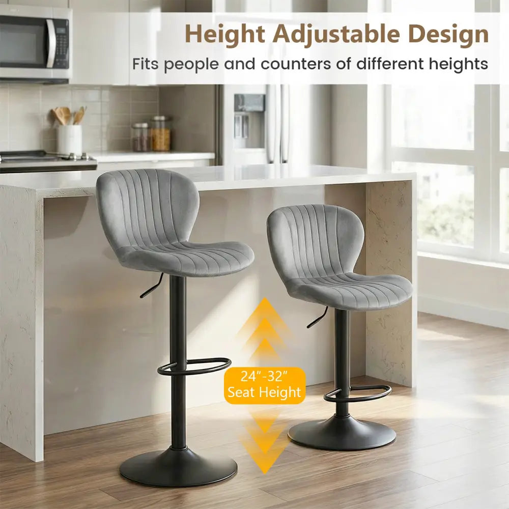 Adjustable Counter Height Chairs Set of 2 with Velvet Upholstered Backrests-Gray - Gray - Bar Stools