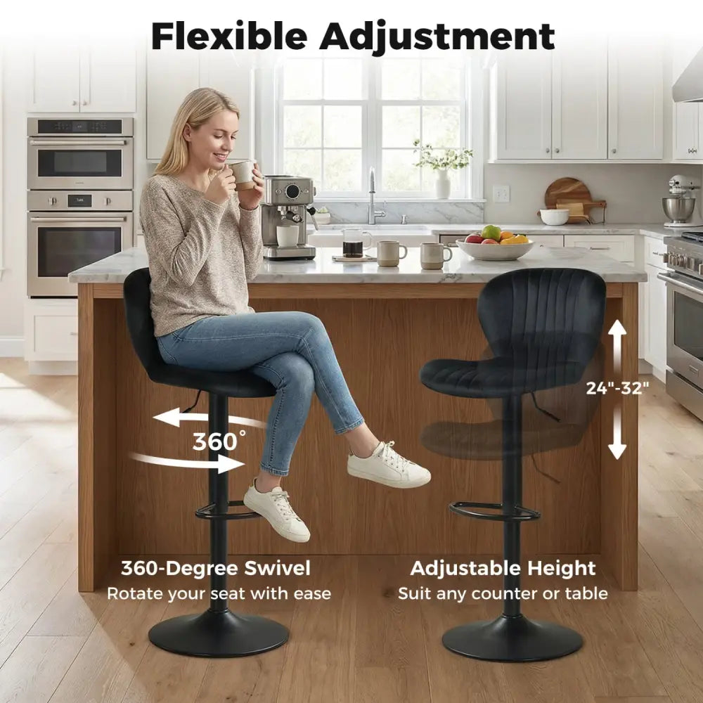 Adjustable Counter Height Chairs Set of 4 with Velvet Upholstered Backrests-Black - Black - Bar Stools