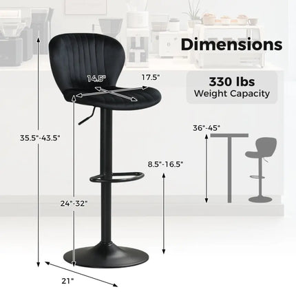 Adjustable Counter Height Chairs Set of 4 with Velvet Upholstered Backrests-Black - Black - Bar Stools