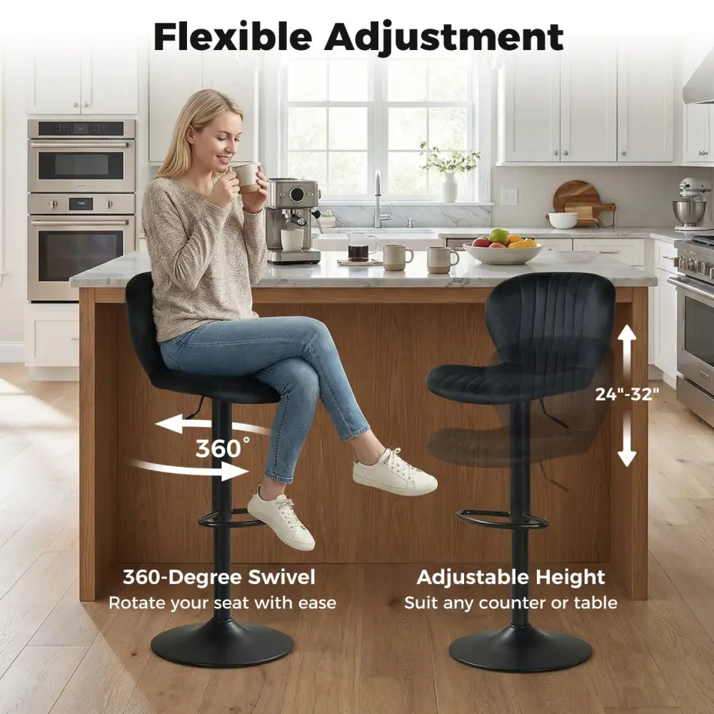Adjustable Counter Height Chairs Set of 4 with Velvet Upholstered Backrests-Black - Black - Bar Stools