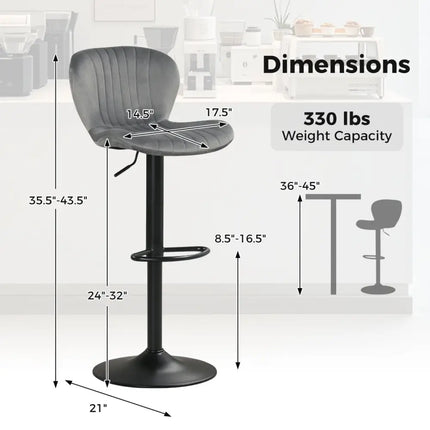 Adjustable Counter Height Chairs Set of 4 with Velvet Upholstered Backrests-Gray - Gray - Bar Stools
