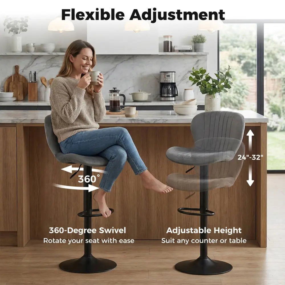 Adjustable Counter Height Chairs Set of 4 with Velvet Upholstered Backrests-Gray - Gray - Bar Stools