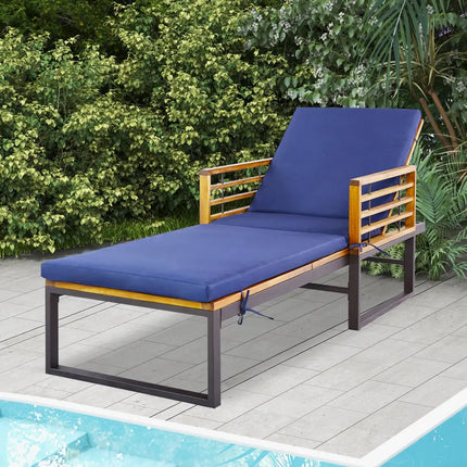 Adjustable Cushioned Patio Chaise Lounge Chair with 4-Level Backrest-Navy - Navy - Outdoor Chaise Lounges