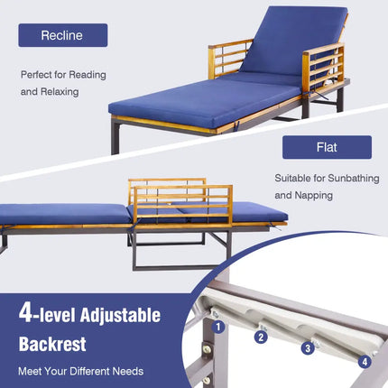 Adjustable Cushioned Patio Chaise Lounge Chair with 4-Level Backrest-Navy - Navy - Outdoor Chaise Lounges