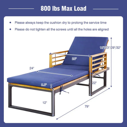 Adjustable Cushioned Patio Chaise Lounge Chair with 4-Level Backrest-Navy - Navy - Outdoor Chaise Lounges