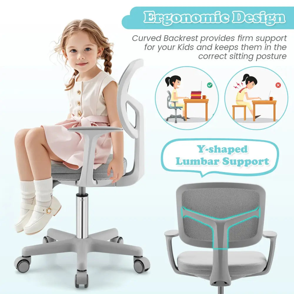 Adjustable Desk Chair with 5 Rolling Casters for Kids-Gray - Gray - Kids Chairs & Seating