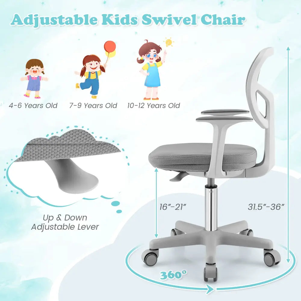 Adjustable Desk Chair with 5 Rolling Casters for Kids-Gray - Gray - Kids Chairs & Seating