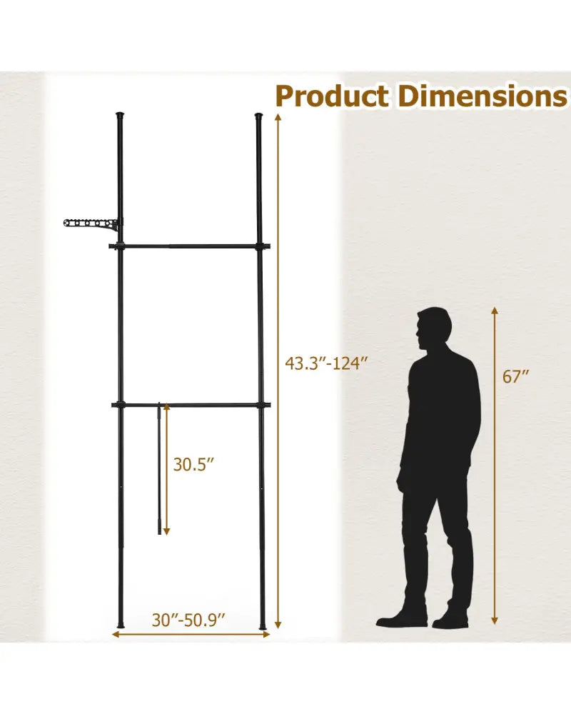 Adjustable Floor to Ceiling Clothes Rack with 2 Hanging Rods-Black - Black - Coat Racks & Hall Trees