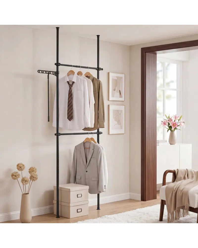 Adjustable Floor to Ceiling Clothes Rack with 2 Hanging Rods-Black - Black - Coat Racks & Hall Trees