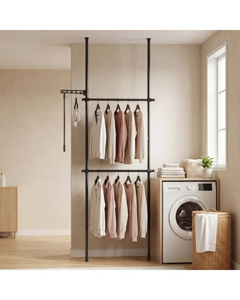 Adjustable Floor to Ceiling Clothes Rack with 2 Hanging Rods-Black - Black - Coat Racks & Hall Trees