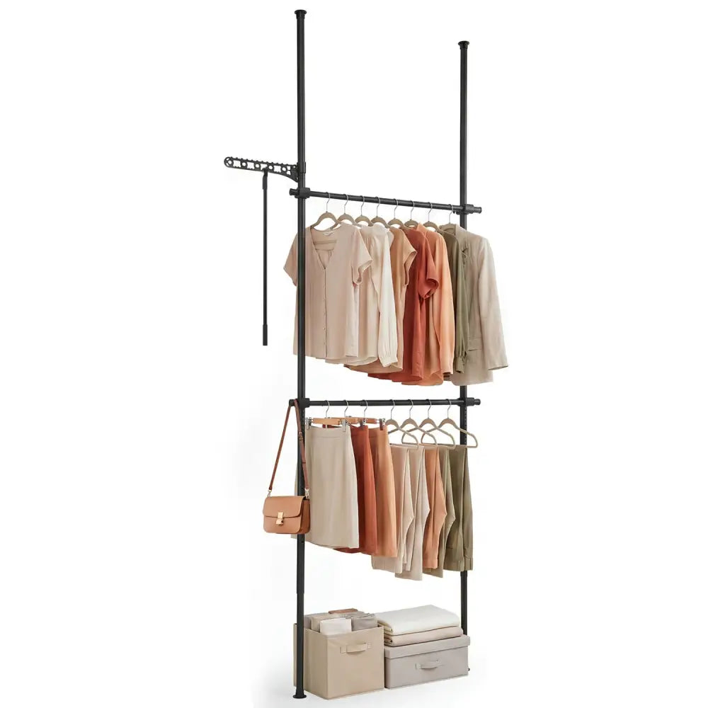 Adjustable Floor to Ceiling Clothes Rack with 2 Hanging Rods-Black - Black - Coat Racks & Hall Trees