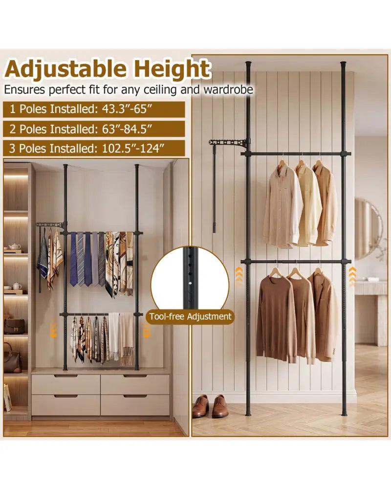 Adjustable Floor to Ceiling Clothes Rack with 2 Hanging Rods-Black - Black - Coat Racks & Hall Trees