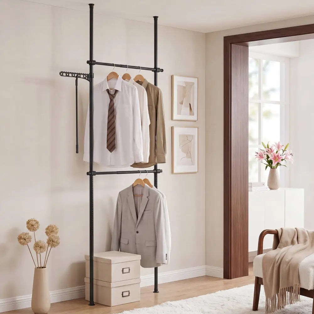 Adjustable Floor to Ceiling Clothes Rack with 2 Hanging Rods-Black - Black - Coat Racks & Hall Trees