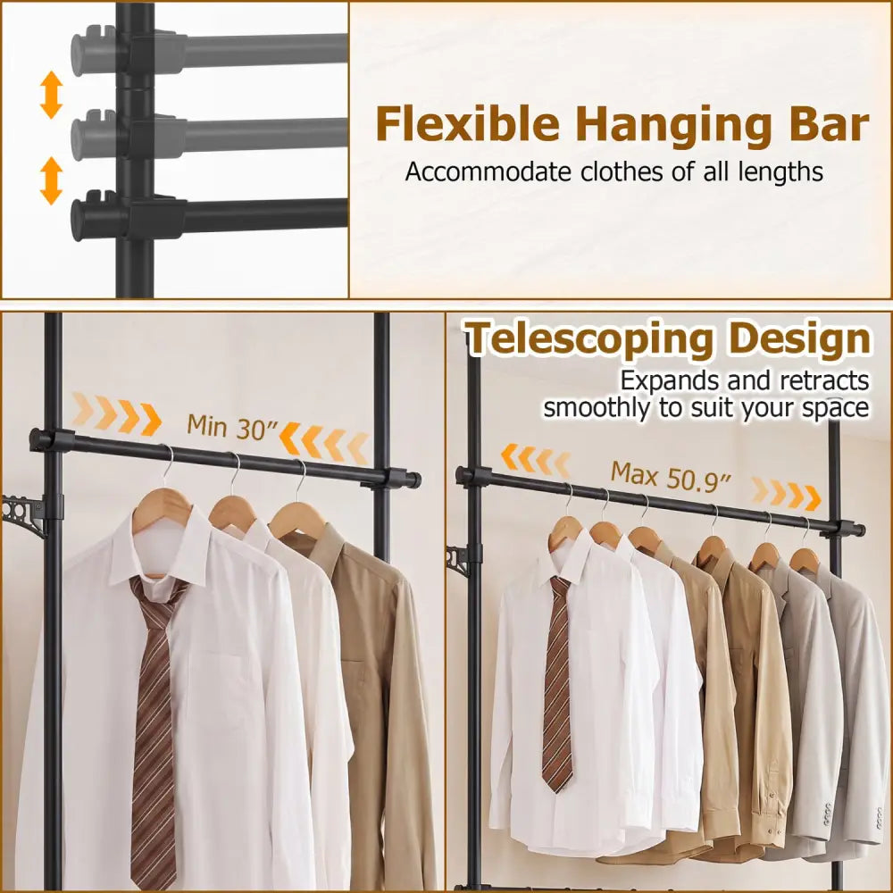 Adjustable Floor to Ceiling Clothes Rack with 2 Hanging Rods-Black - Black - Coat Racks & Hall Trees