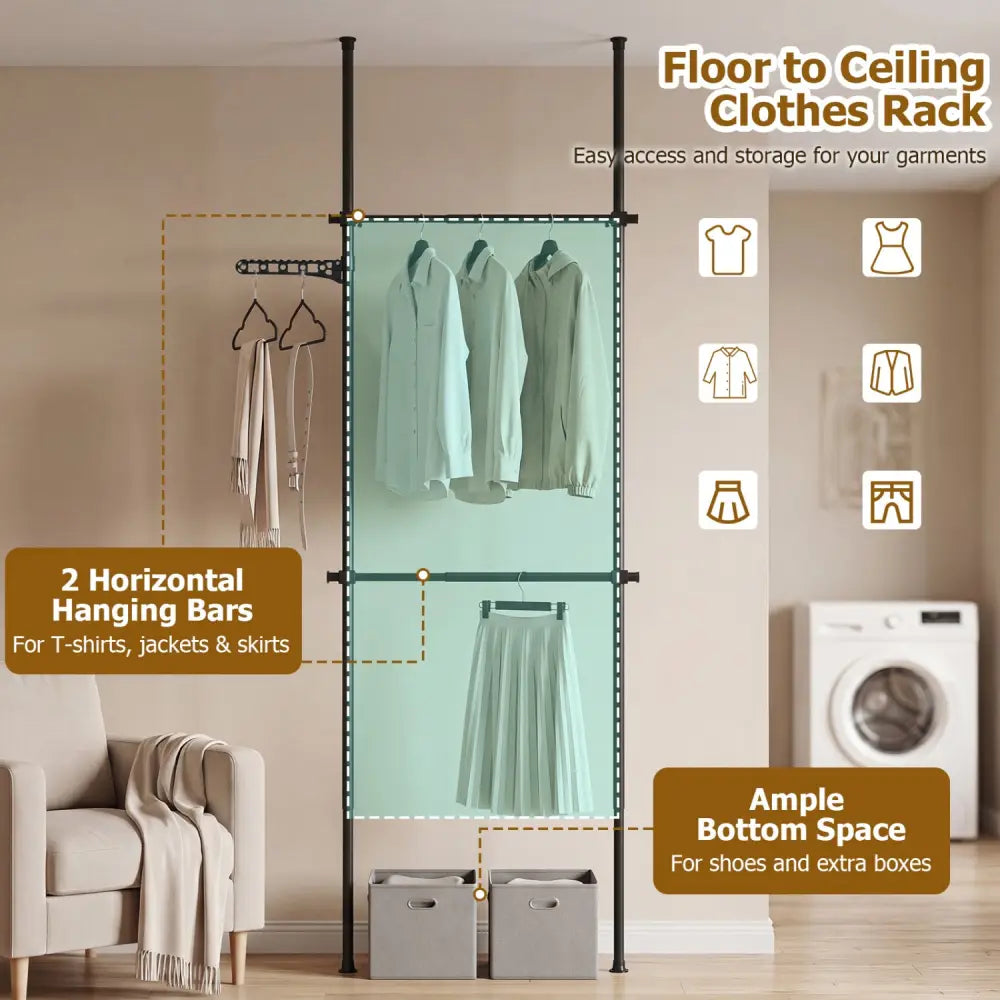 Adjustable Floor to Ceiling Clothes Rack with 2 Hanging Rods-Black - Black - Coat Racks & Hall Trees