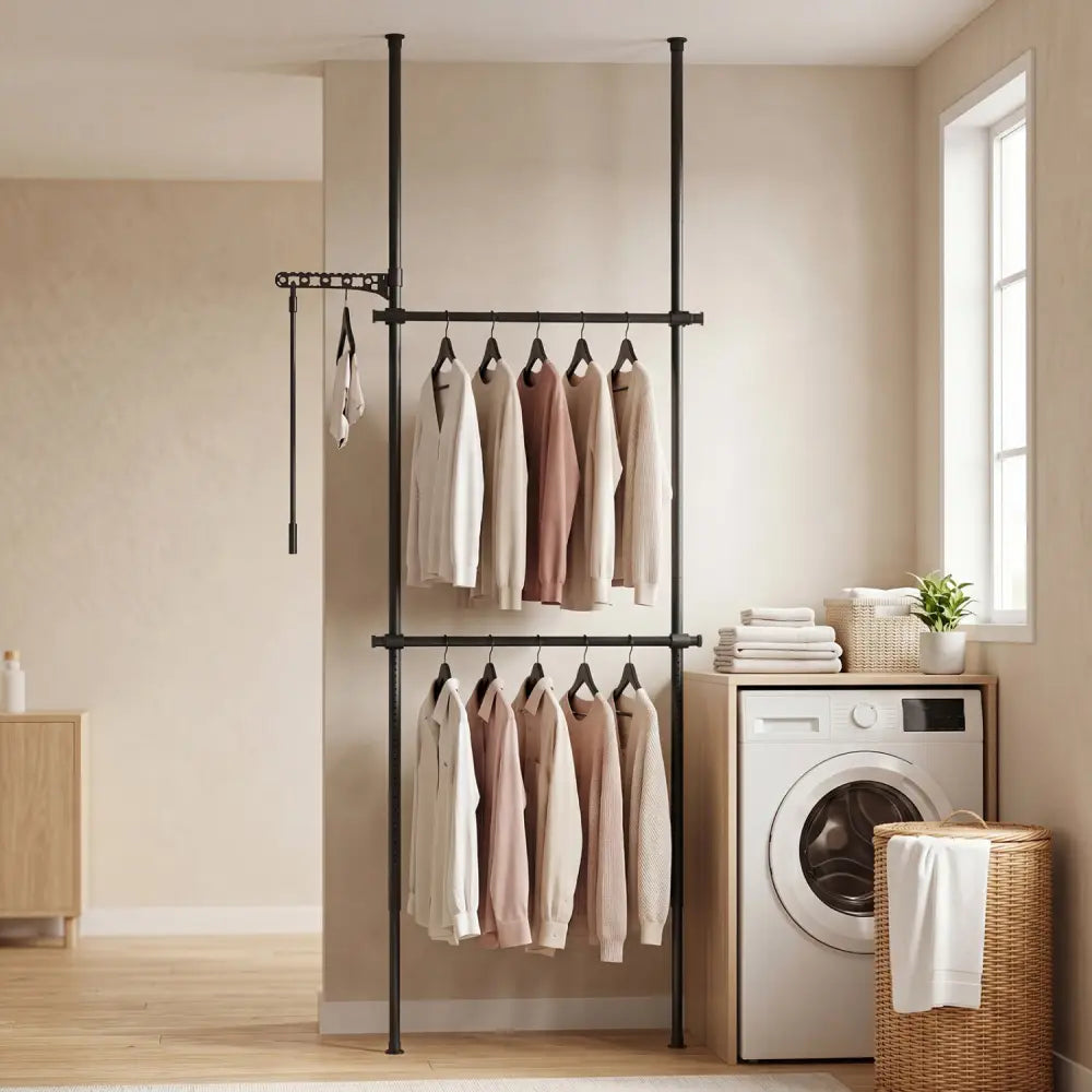 Adjustable Floor to Ceiling Clothes Rack with 2 Hanging Rods-Black - Black - Coat Racks & Hall Trees