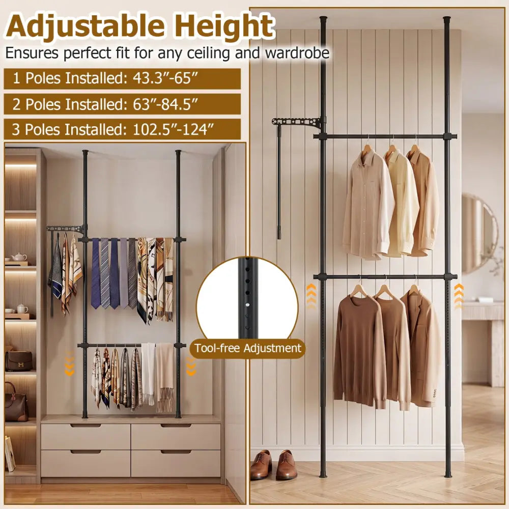 Adjustable Floor to Ceiling Clothes Rack with 2 Hanging Rods-Black - Black - Coat Racks & Hall Trees