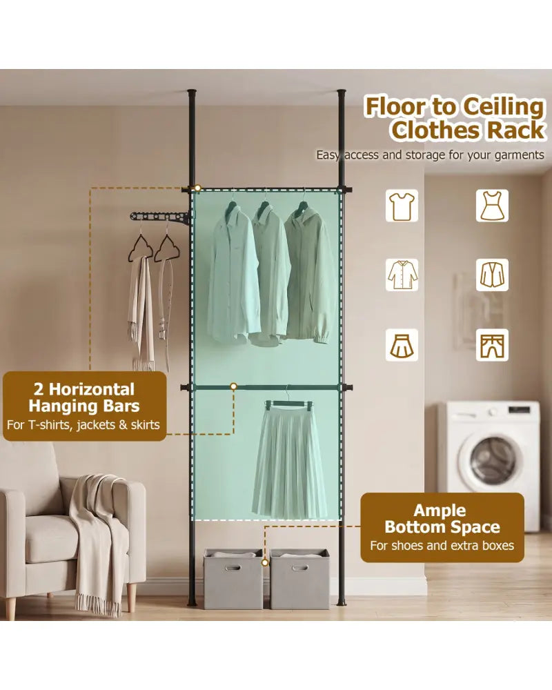 Adjustable Floor to Ceiling Clothes Rack with 2 Hanging Rods-Black - Black - Coat Racks & Hall Trees