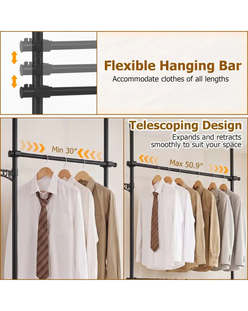 Adjustable Floor to Ceiling Clothes Rack with 2 Hanging Rods-Black - Black - Coat Racks & Hall Trees