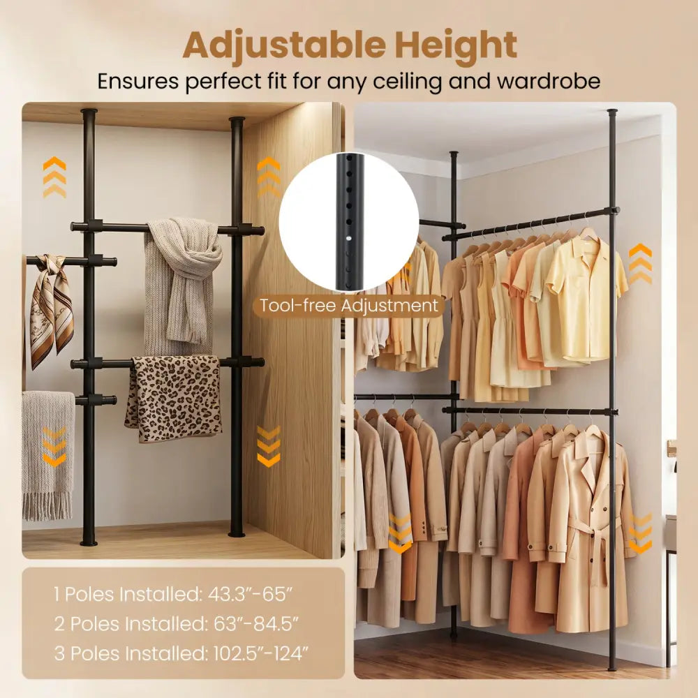 Adjustable Floor to Ceiling Clothes Rack with 4 Hanging Rods-Black - Black - Coat Racks & Hall Trees