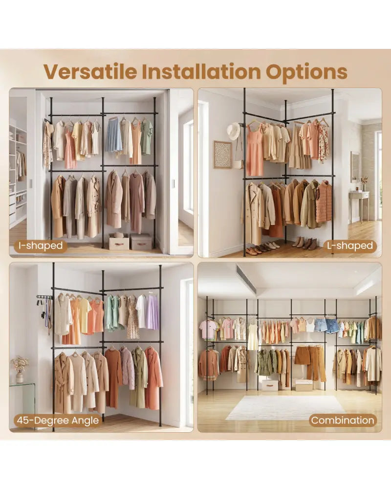Adjustable Floor to Ceiling Clothes Rack with 4 Hanging Rods-Black - Black - Coat Racks & Hall Trees