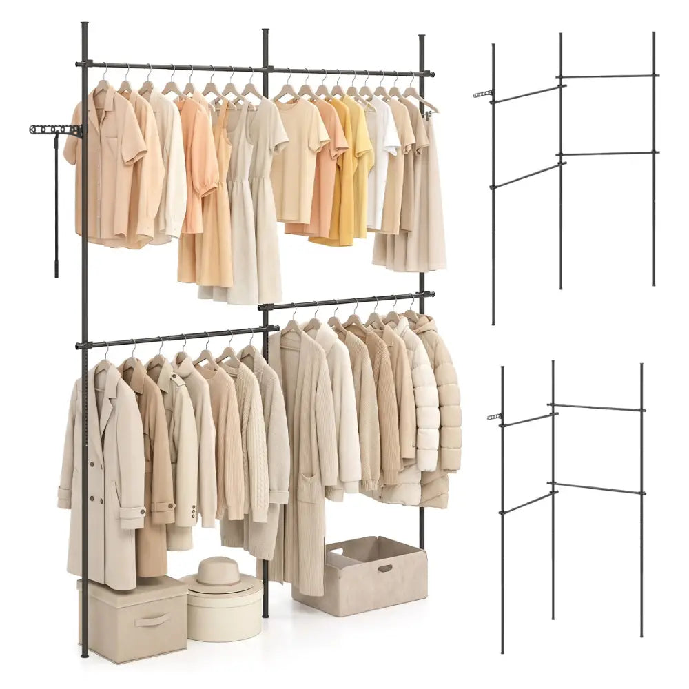 Adjustable Floor to Ceiling Clothes Rack with 4 Hanging Rods-Black - Black - Coat Racks & Hall Trees