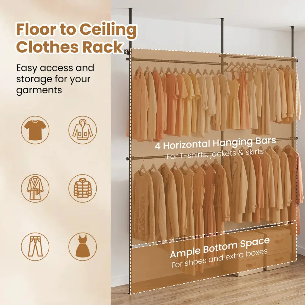 Adjustable Floor to Ceiling Clothes Rack with 4 Hanging Rods-Black - Black - Coat Racks & Hall Trees
