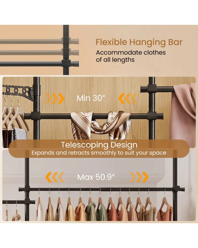 Adjustable Floor to Ceiling Clothes Rack with 4 Hanging Rods-Black - Black - Coat Racks & Hall Trees
