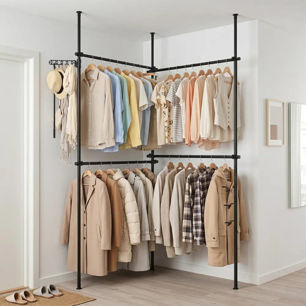 Adjustable Floor to Ceiling Clothes Rack with 4 Hanging Rods-Black - Black - Coat Racks & Hall Trees
