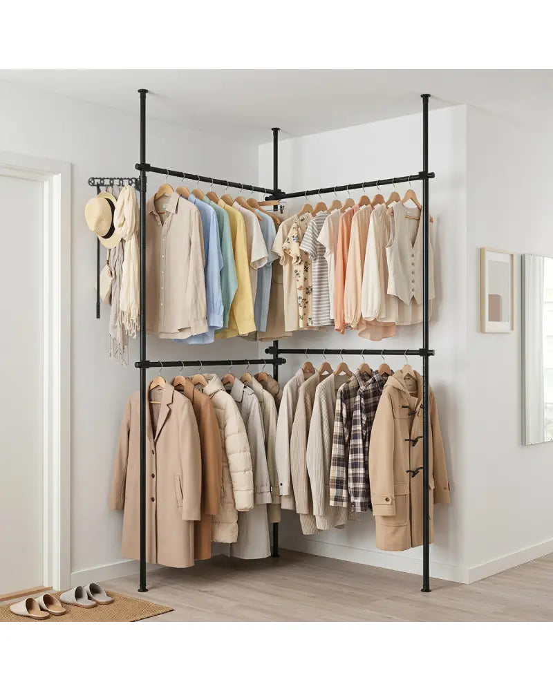 Adjustable Floor to Ceiling Clothes Rack with 4 Hanging Rods-Black - Black - Coat Racks & Hall Trees