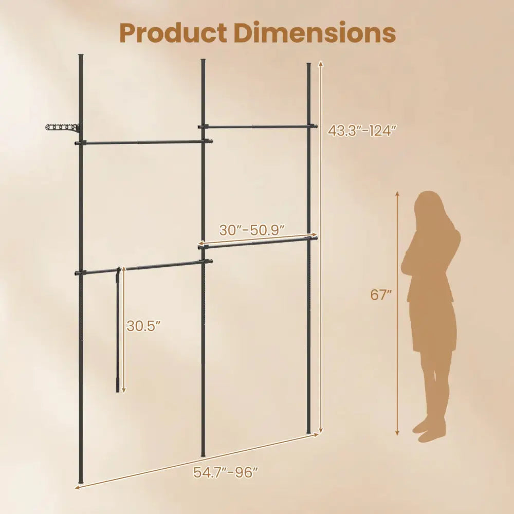 Adjustable Floor to Ceiling Clothes Rack with 4 Hanging Rods-Black - Black - Coat Racks & Hall Trees