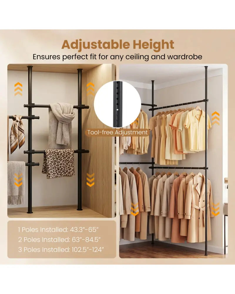 Adjustable Floor to Ceiling Clothes Rack with 4 Hanging Rods-Black - Black - Coat Racks & Hall Trees