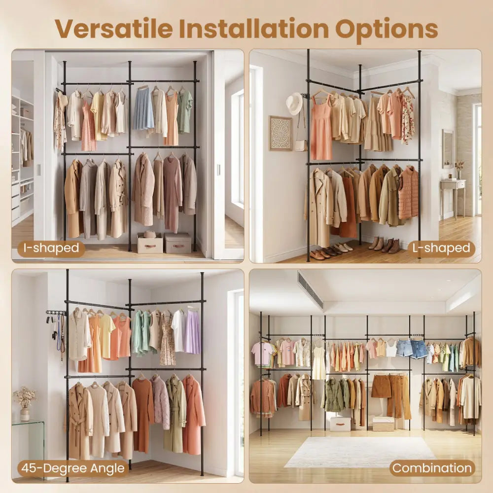 Adjustable Floor to Ceiling Clothes Rack with 4 Hanging Rods-Black - Black - Coat Racks & Hall Trees