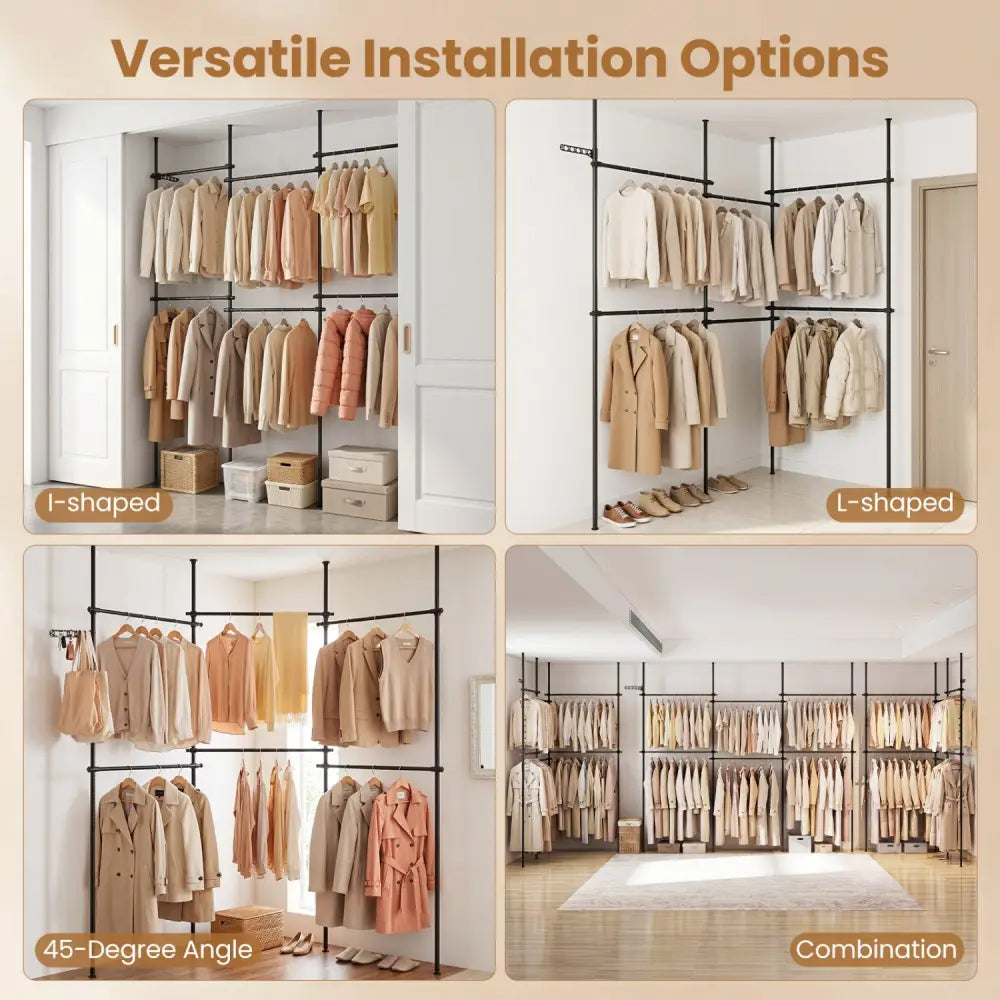 Adjustable Floor to Ceiling Clothes Rack with 6 Hanging Rods-Black - Black - Coat Racks & Hall Trees