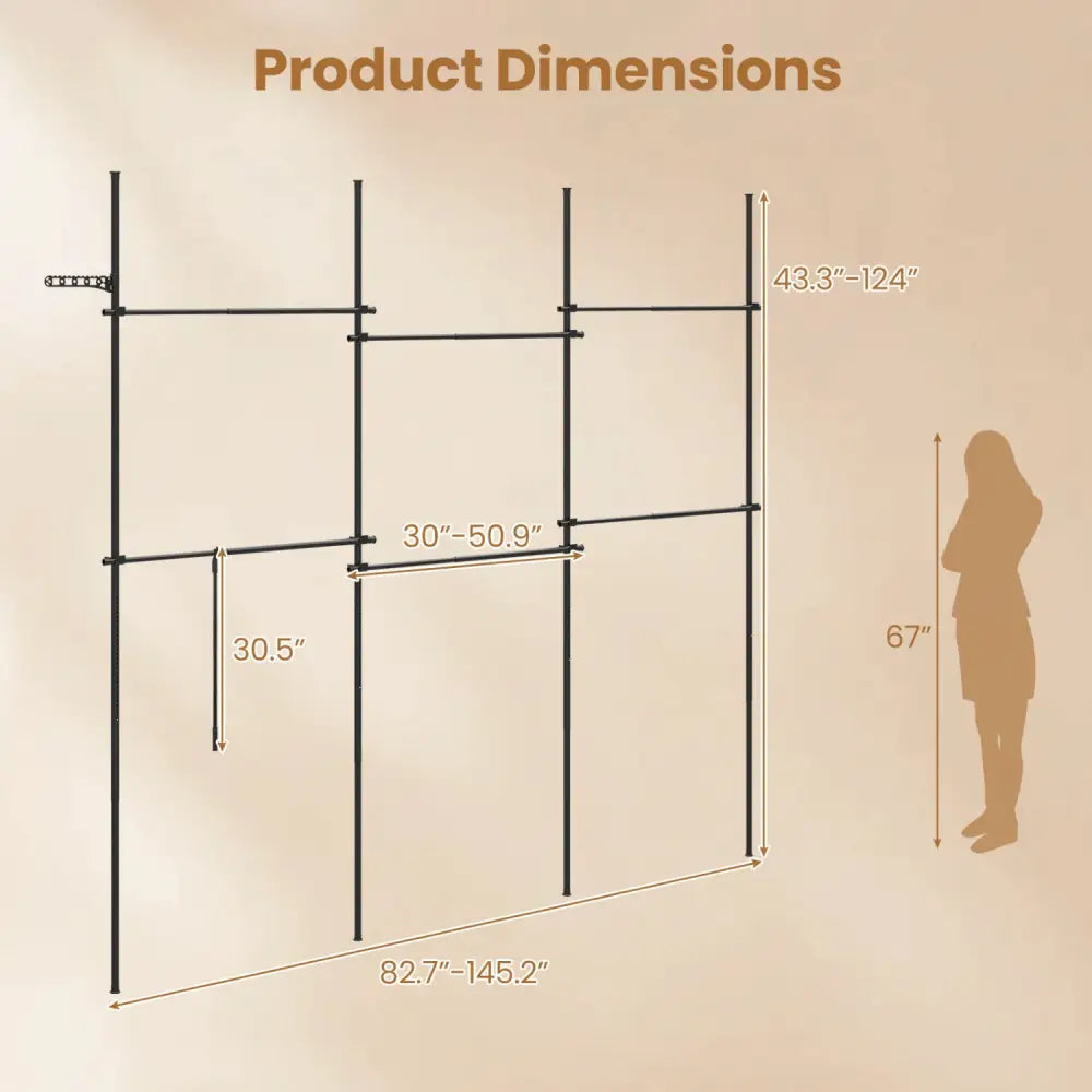 Adjustable Floor to Ceiling Clothes Rack with 6 Hanging Rods-Black - Black - Coat Racks & Hall Trees