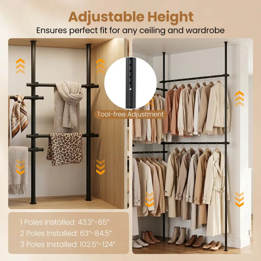 Adjustable Floor to Ceiling Clothes Rack with 6 Hanging Rods-Black - Black - Coat Racks & Hall Trees
