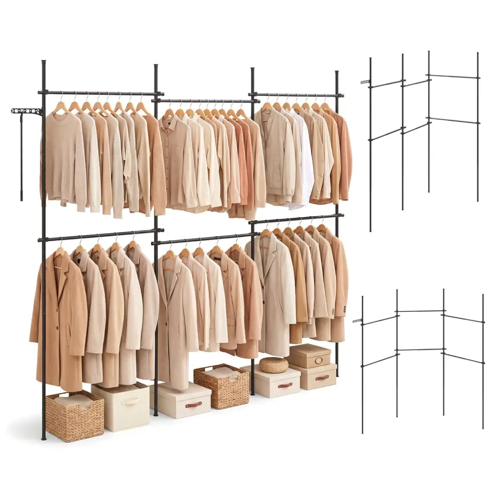 Adjustable Floor to Ceiling Clothes Rack with 6 Hanging Rods-Black - Black - Coat Racks & Hall Trees
